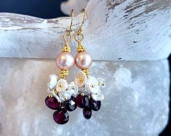 Baroque Pearl with Keishi Pearls and Garnets on Gold Filled Earwires Gift for Her