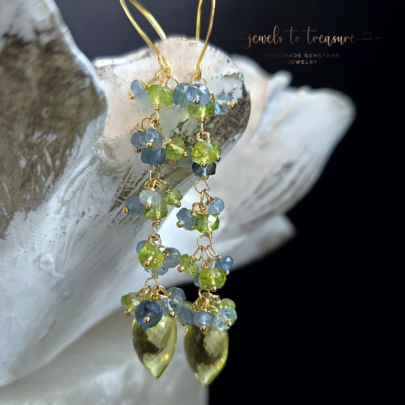 Lemon Quartz with Blue Sapphires on Gold Filled Earwires Gift For Her image 4