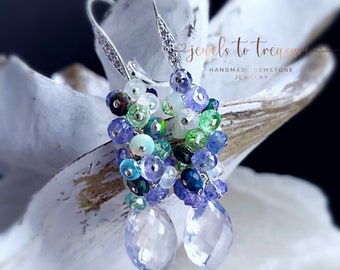 Lavender Opal with Tanzanite Colorful Opals and Green Sapphires on Sterling Silver Pave Leverbacks Gift for Her