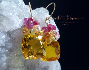 Citrine with Pink and Yellow Sapphires on Gold Filled Earwires Gift for Her