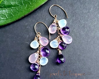 Amethyst with Lavender and White Chalcedony on Rose Gold Ear Wires Gift For Her