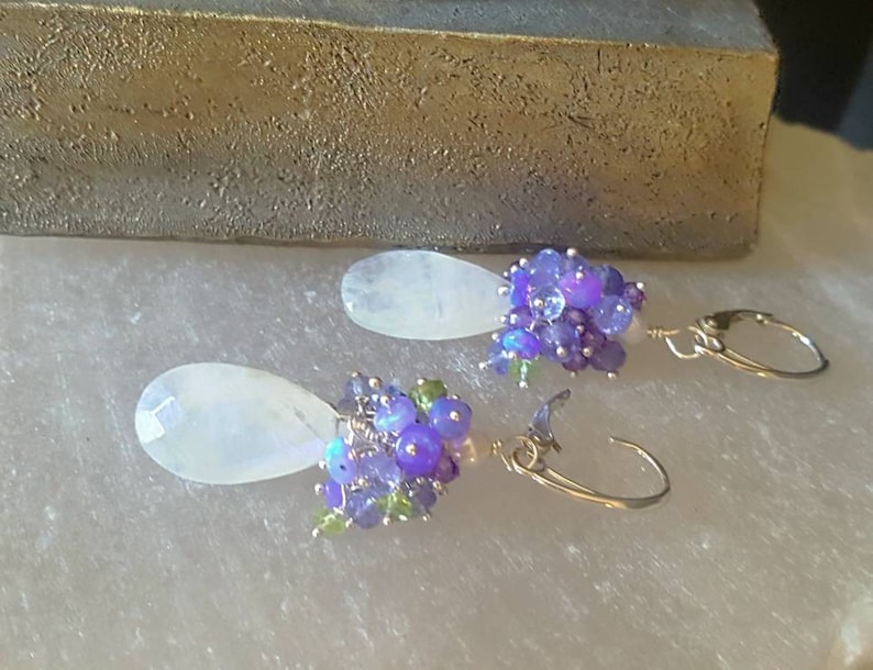 Moonstone with Lavender Opals Tanzanite and Peridot on Sterling Silver Leverbacks Gift For Her