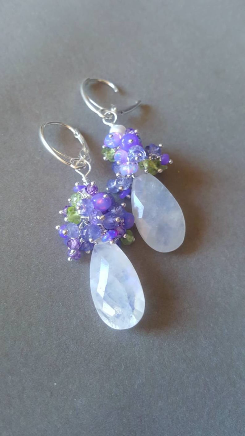 Moonstone with Lavender Opals Tanzanite and Peridot on Sterling Silver Leverbacks Gift For Her