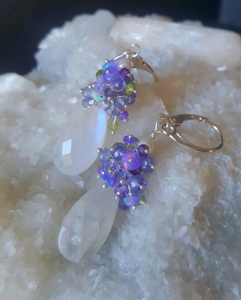 Moonstone with Lavender Opals Tanzanite and Peridot on Sterling Silver Leverbacks Gift For Her