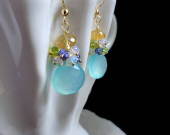 Aqua Chalcedony With Ethiopian Tanzanite Peridot and Golden Citrine on Gold Filled Earwires Gift for Her