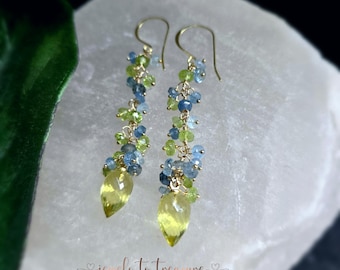 Lemon Quartz with Blue Sapphires on Gold Filled Earwires Gift For Her