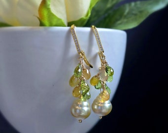 South Seas Golden Pearl Earrings with Yellow Sapphires and Peridot Gift for Her