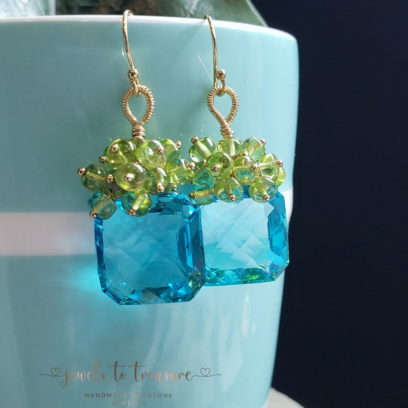 Sea Blue Topaz with Peridot on Gold Filled Ear Wires Gift for Her image 7