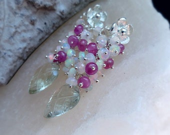 Carved Leaf Prasiolite with Pink Sapphires and Ethiopian Opals on Sterling Silver Flower Posts