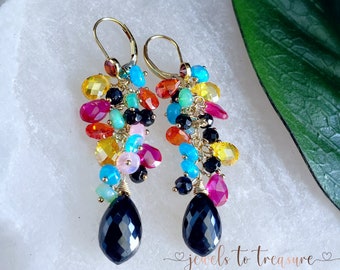 Black Spinel Colorful Gemstone Earrings on Gold Filled Leverbacks Gift For Her