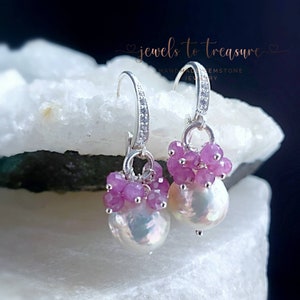 White Baroque Pearls with Sweet Pink Sapphires on Sterling Silver Leverbacks