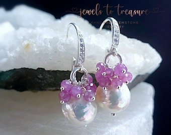 White Baroque Pearls with Sweet Pink Sapphires on Sterling Silver Leverbacks