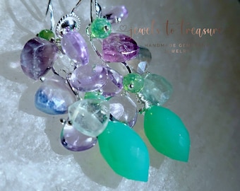 Chrysoprase Chalcedony with Fluorite and Pink Amethyst on Sterling Silver