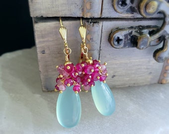 Aqua Chalcedony with Pink Spinel Gemstone Cluster Earrings on Gold filled Ear Wires Gift for Her