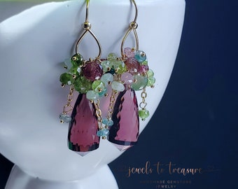 Kunzite Quartz with Colorful Tourmaline on Gold Filled Earwires Gift For Her