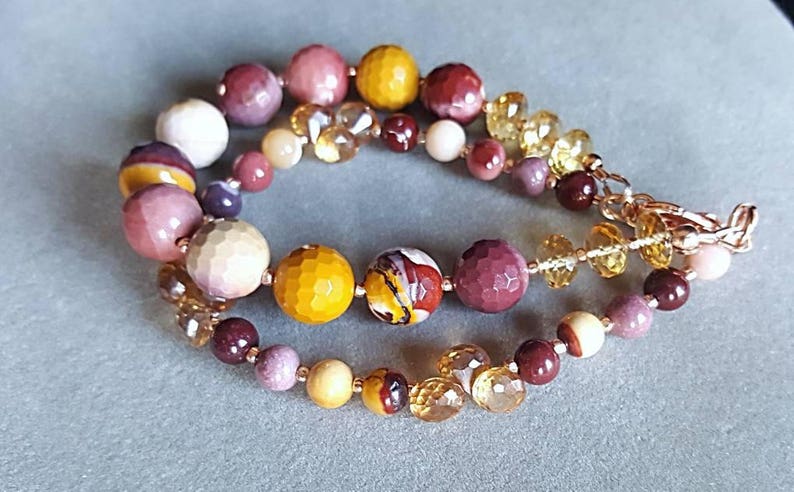 Double Strand Mookaite Jasper and Mystic Citrine Quartz on Rose Gold Gift For Her