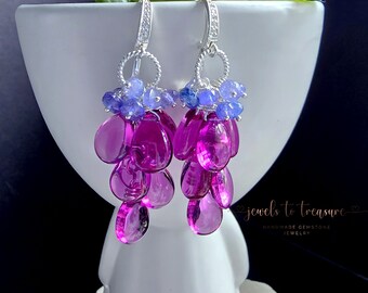 Rubilite Quartz Waterfall Earrings in Crystal Sterling Silver Posts Gift For Her