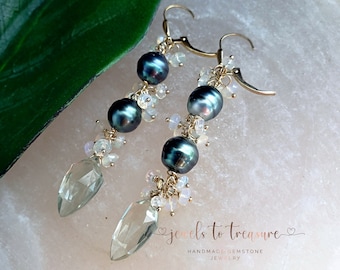 Tahitian Pearls with Prasiolite and Ethiopian Opal on Gold Filled Leverbacks