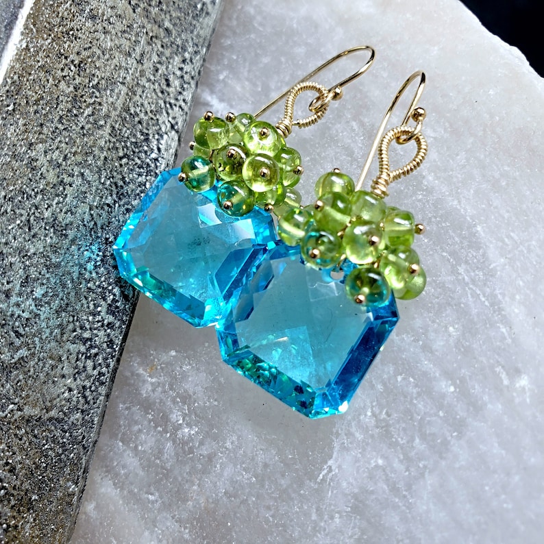 Sea Blue Topaz with Peridot on Gold Filled Ear Wires Gift for Her image 1