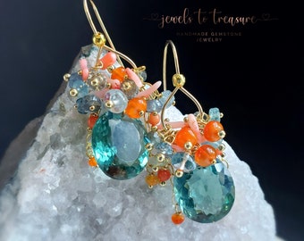 Teal Quartz  with Cupolini Coral Opals and Aquamarine Gift for Her