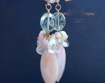 Peruvian Pink Opal with Rose Quartz and Opals on Rose Gold Vermeil Leverbacks