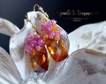 Madeira Citrine with Pink and Orange Sapphires on Gold Filled Leverbacks Gift For Her