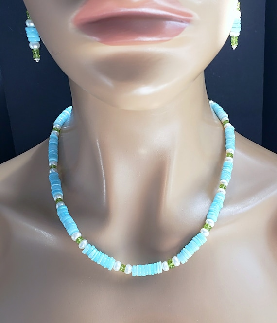 Blue Peruvian Opal with Peridot and Freshwater Pearls Jewelry Set