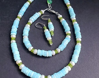 Blue Peruvian Opal with Peridot and Freshwater Pearls Jewelry Set