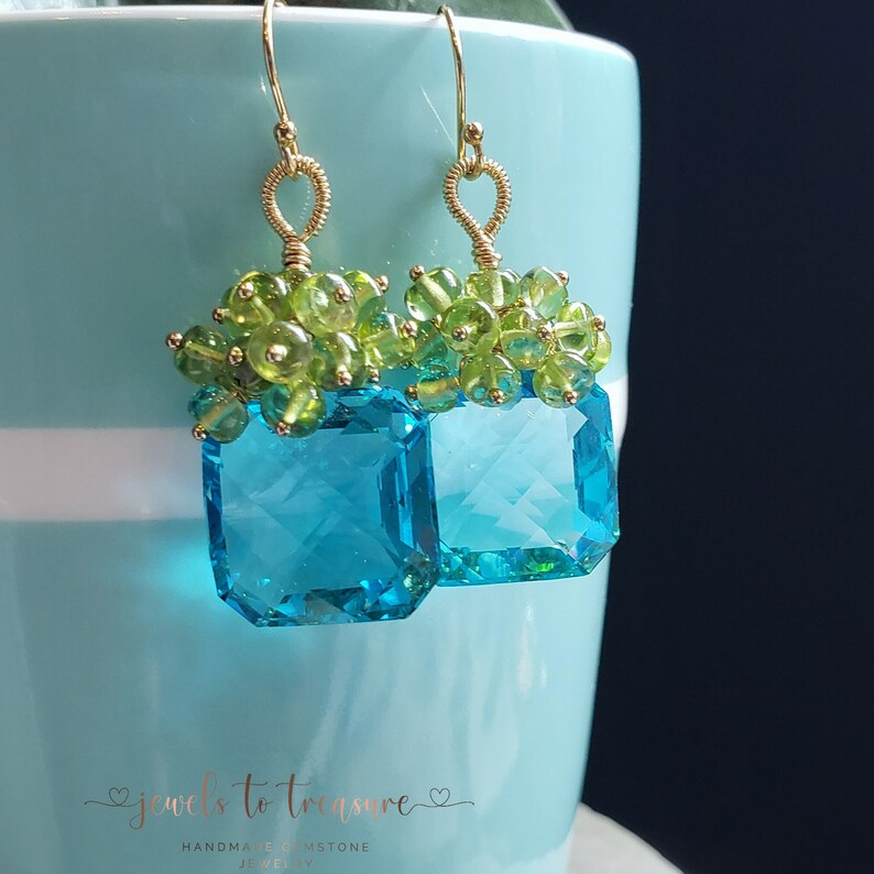 Sea Blue Topaz with Peridot on Gold Filled Ear Wires Gift for Her image 4