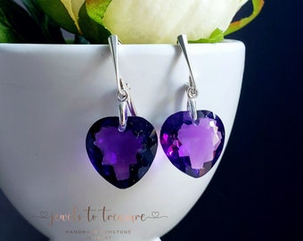 Amethyst Fancy Cut Heart Shaped Gemstone Earrings On Sterling Silver Leverbacks Gift for Her