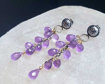 Long Amethyst Shoulder Duster Earrings Mixed Metals on Hammered Sterlng Silver Posts