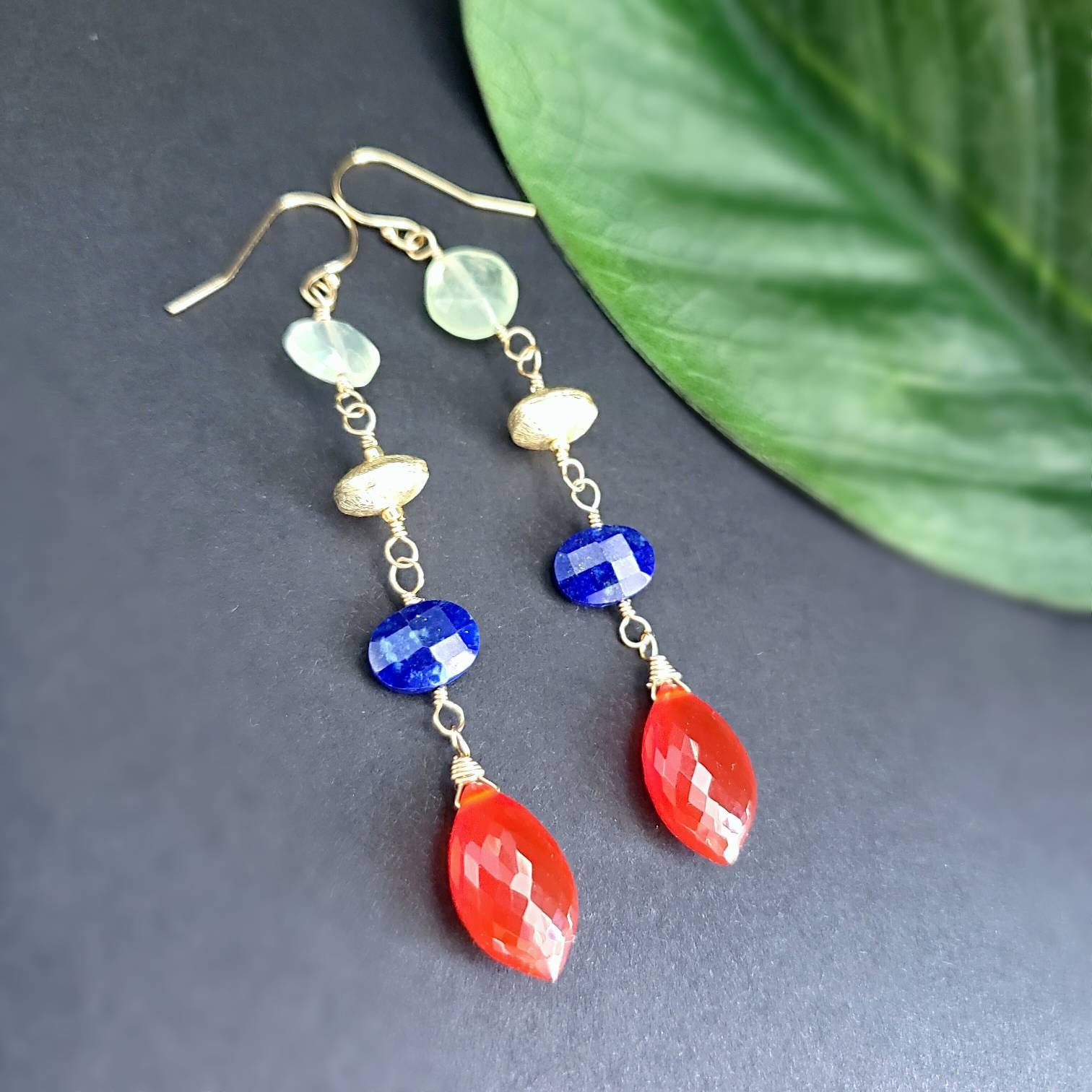 Carnelian Lapis Lazuli and Prehnite Dangle Drop Earrings on Gold Filled Earwires