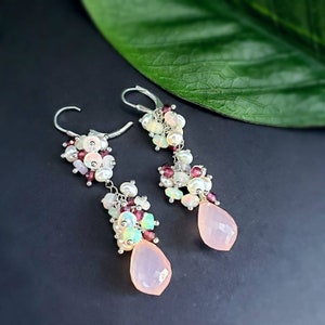 Dusty Rose Chalcedony with Pearls Ethiopian Opals and Rhodalite Garnet Gemstone Cluster Earrings