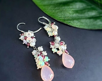 Dusty Rose Chalcedony with Pearls Ethiopian Opals and Rhodalite Garnet Gemstone Cluster Earrings