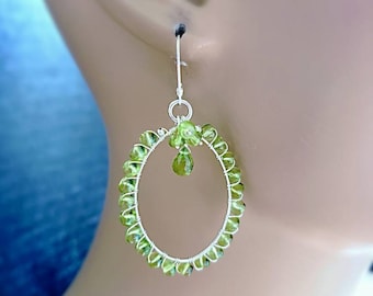 Natural Peridot Wire Wrapped Gemstone on Sterling Silver Hoop Earrings August Birthstone Gift for Her