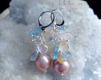 Mauve Edison Pearl with Blue Topaz Aquamarine and Ethiopian Opals On Gold Filled Earwires Gift for Her