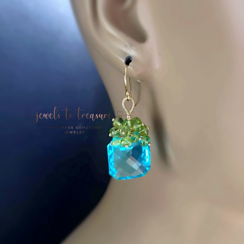 Sea Blue Topaz with Peridot on Gold Filled Ear Wires Gift for Her image 3