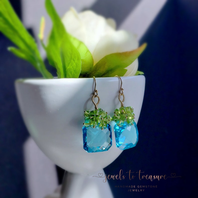 Sea Blue Topaz with Peridot on Gold Filled Ear Wires Gift for Her image 5