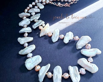 White Biwa Pearl Statement Necklace  with Blush Freshwater Pearls with Rose Gold Filled Clasp Gift for Her