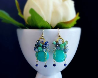 Chrysoprase Chalcedony with Kyanite and Peruvian Opal Gemstone Cluster Earrings on Gold Filled Ear Wires Gift for Her