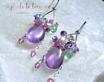 Pink Amethyst with Pink Sapphires Green Quartz and Colorful Gemstones on Sterling Silver Ear Wires