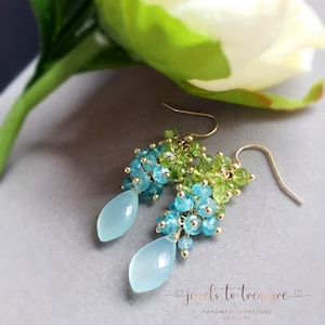 Blue Chalcedony with Peridot and Neon Apatite on Gold Filled Ear Wires