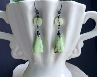 Lemon Chrysoprase Earrings On Oxidized Sterling Silver Ear Wires