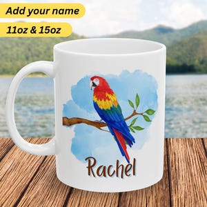 Macaw Parrot Mug, Colorful Custom Name Mug for Bird Lovers, Tropical Coffee Cup,  Personalized Gift, Exotic Bird Animal Coffee Mug, Colorful