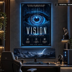 Puede incluir: Un póster de arte mural de descarga digital que presenta un gran ojo humano azul brillante en la parte superior, con el texto VISION, SEE BEYOND LIMITS, y tres iconos circulares etiquetados como FOCUS, THINK y ACHIEVE con texto adicional.