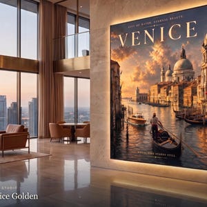 May include: A large, rectangular, backlit wall art piece featuring a sunset view of Venice, Italy. The image displays a gondola on a canal, historic buildings, and a domed church. Text reads: CITY OF WATER. ETERNAL BEAUTY. VENICE. WHERE TIME STANDS STILL.