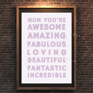 Mum You&#39;re Awesome, Download Art Print Poster, Mothers Day Gift Idea Best Mom, Pink Typography Wall Art, Eclectic Funky Quirky Home Decor