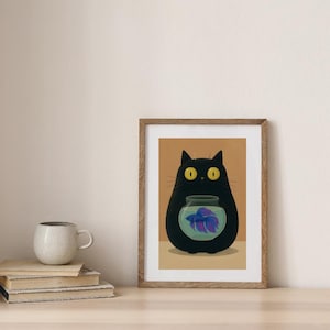 Cat poster holding fish bowl, Funny fish with cat poster, Cute cat and fish poster, Cat lover poster, Fish poster with cat