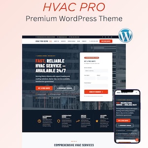 May include: A website design for HVAC Pro, a premium WordPress theme. The design features a clean layout with orange and blue accents, showcasing services and contact information. A mobile phone displays the website's responsive design.