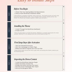 May include: A webpage titled "Easy to Install Steps" with instructions for a WordPress theme. The steps are divided into four parts: Before You Begin, Installing the Theme, First Setup Steps After Activation, and Importing the Demo Content.